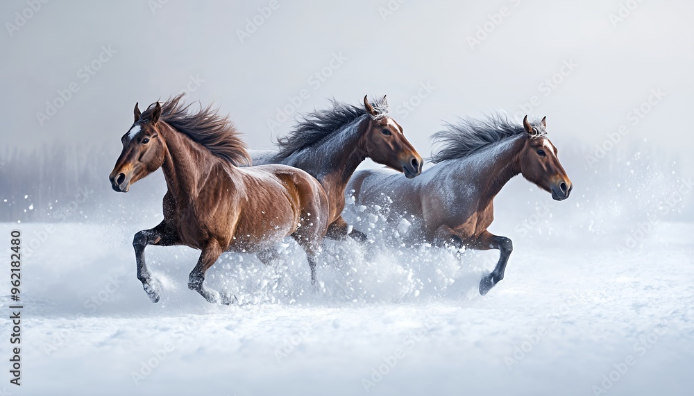 Three horses run through a snowy field with their manes flowing in the wind. Three horses run through a snowy field with their manes flowing in the wind.