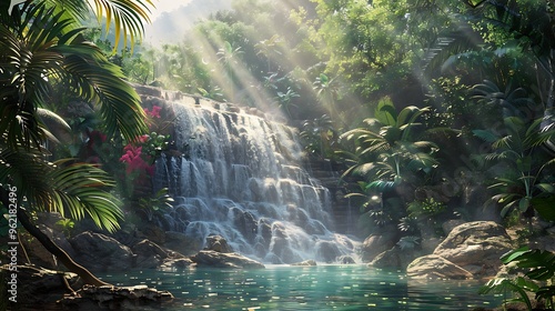A beautiful waterfall cascading down a rugged mountainside into a clear pool below, surrounded by lush, tropical vegetation, with rays of sunlight filtering through the trees