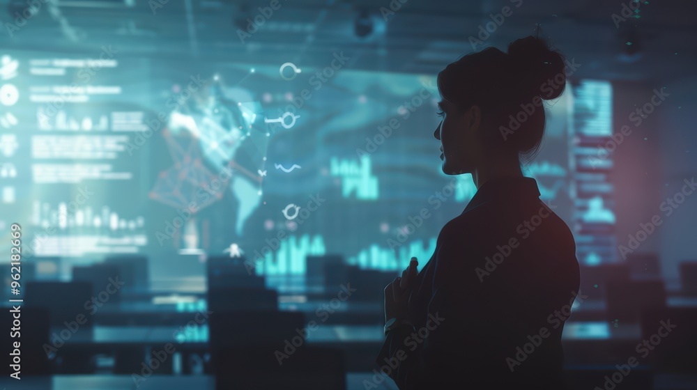 A businesswoman analyzes data projections in a high-tech office, illuminated by futuristic graphs and statistics. A businesswoman analyzes data projections in a high-tech office, illuminated by futuristic graphs and statistics.
