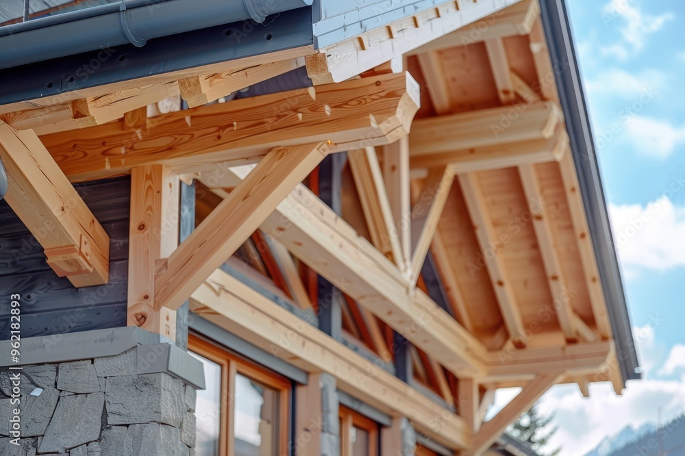 Chalet cabin with exposed wooden beams and interlocking beam structure Chalet cabin with exposed wooden beams and interlocking beam structure