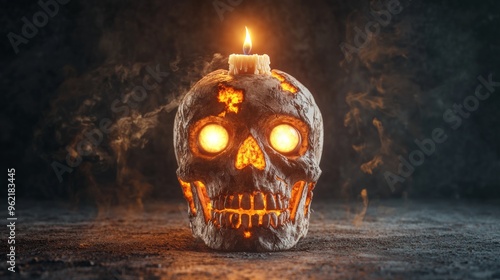 A creepy halloween, realistic skull with glowing eyes and a burning candle on top, set against a dark, eerie background photo