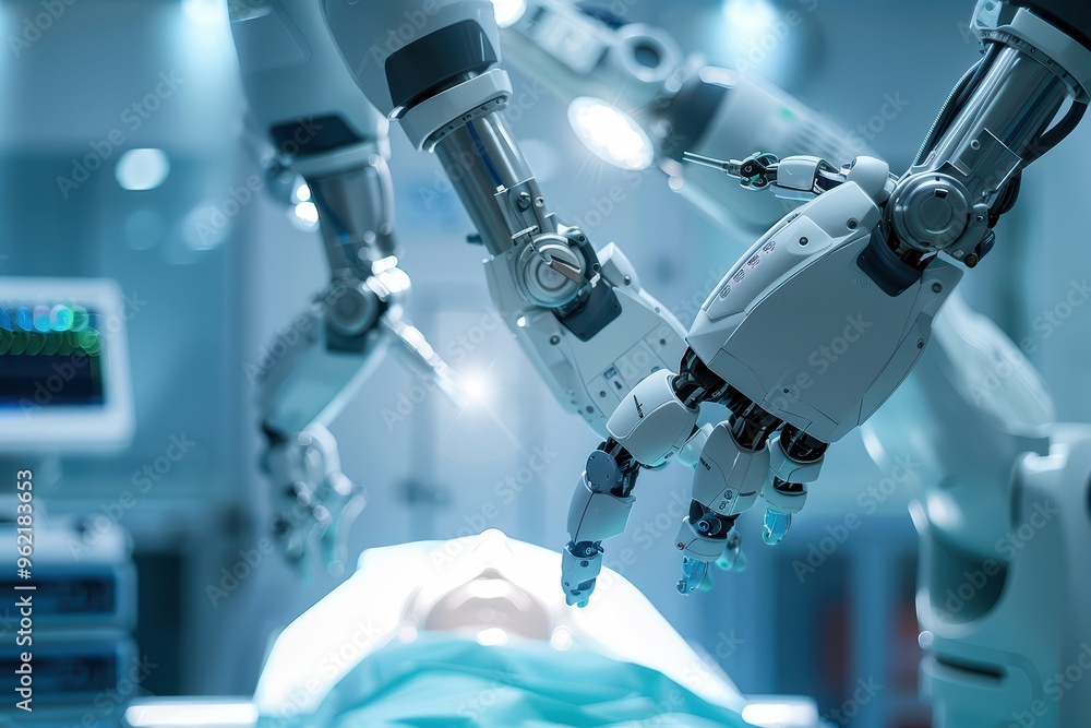 A close-up view of advanced robotic hands preparing for a surgical procedure in a high-tech medical environment. A close-up view of advanced robotic hands preparing for a surgical procedure in a high-tech medical environment.