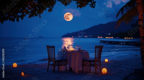 romantic beach dinner, romantic beachside dinner for two under moonlit skies, set with a serene table arrangement, offering a magical ambiance
