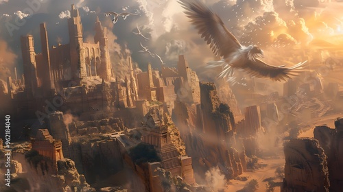Fantastical ruins with magical creatures flying above ancient structures