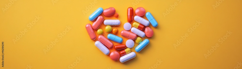 Vitamin capsules in a heart shape, promoting health and longevity, 3D illustration Vitamin capsules in a heart shape, promoting health and longevity, 3D illustration