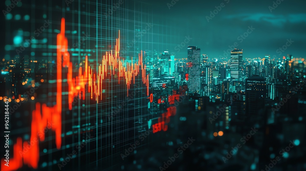 A city skyline at night with a digital graph overlay, showcasing market trends and financial growth in a vibrant urban setting. A city skyline at night with a digital graph overlay, showcasing market trends and financial growth in a vibrant urban setting.