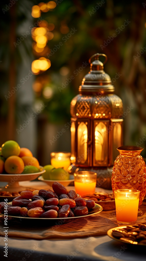 Charming display of dates and fruits with glowing lanterns and candles in a warm outdoor setting Charming display of dates and fruits with glowing lanterns and candles in a warm outdoor setting
