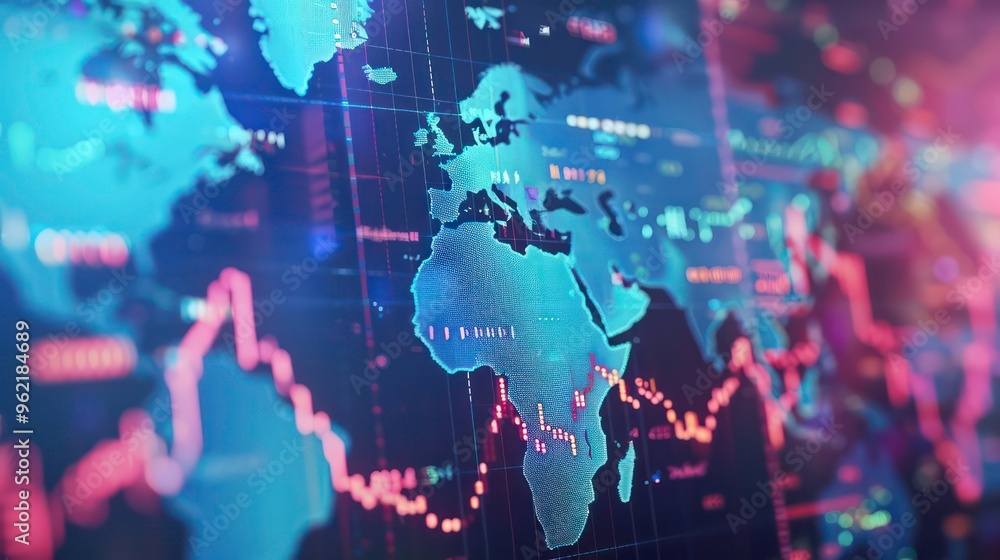 Digital world map with Africa highlighted in blue on a screen with data and graphs. Digital world map with Africa highlighted in blue on a screen with data and graphs.