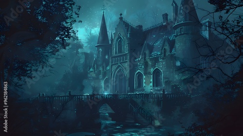 Nightmarish illustration of a haunted mansion with dark, eerie shadows photo