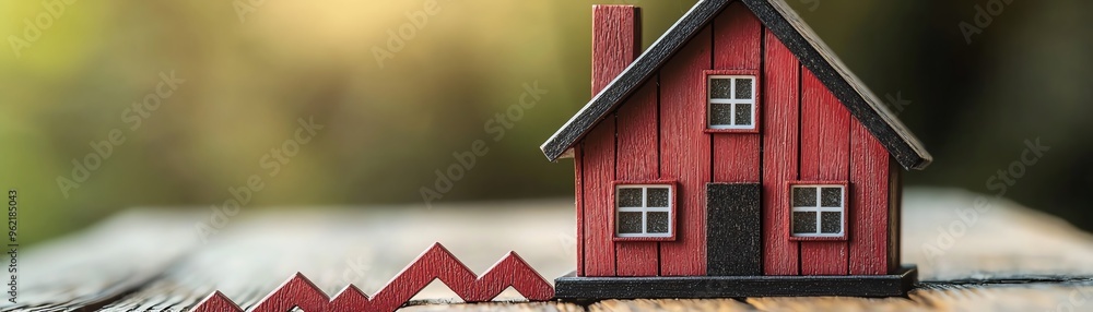 A miniature red house with a declining graph symbolizing real estate trends and market fluctuations in a tranquil setting. A miniature red house with a declining graph symbolizing real estate trends and market fluctuations in a tranquil setting.