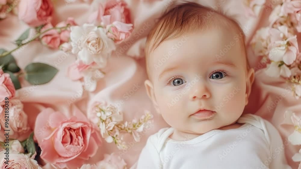Beautiful baby lying on a soft pink fabric surrounded by blooming roses and delicate flowers, looking serene and calm Beautiful baby lying on a soft pink fabric surrounded by blooming roses and delicate flowers, looking serene and calm