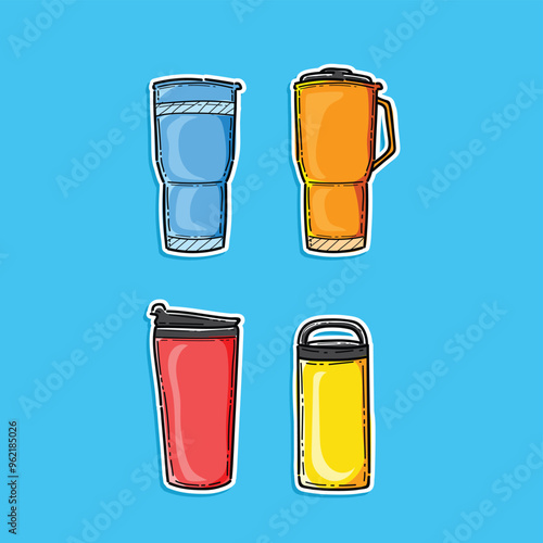 tumbler pack set sticker style vector illustration design isolated in a blue background, travel thermo mugs, a travel thermos