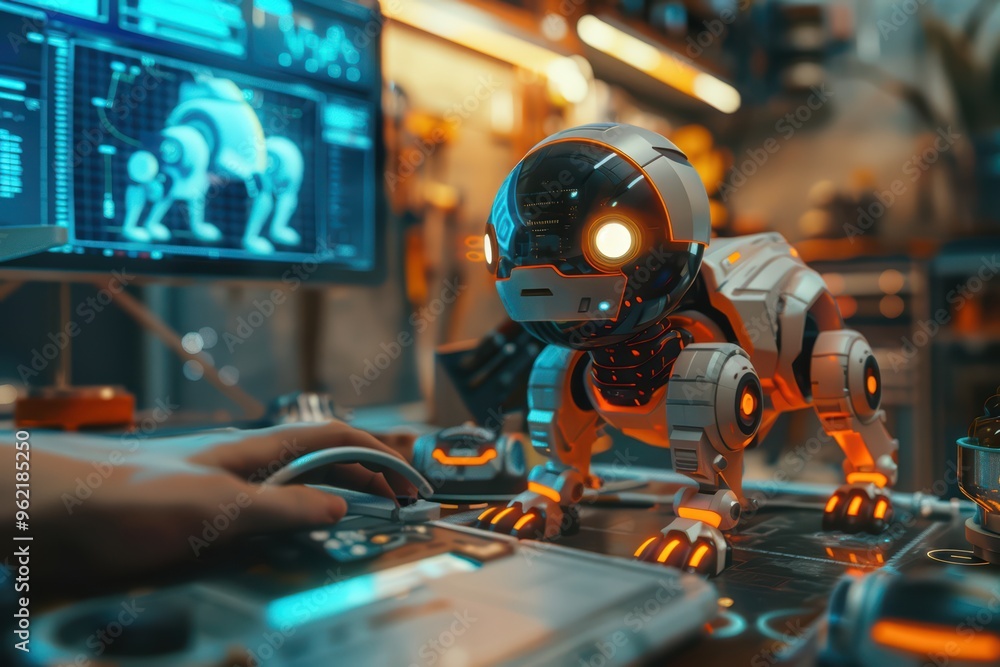 A futuristic robotic dog interacts with technology, showcasing innovation in robotics and AI development in a modern lab environment. A futuristic robotic dog interacts with technology, showcasing innovation in robotics and AI development in a modern lab environment.