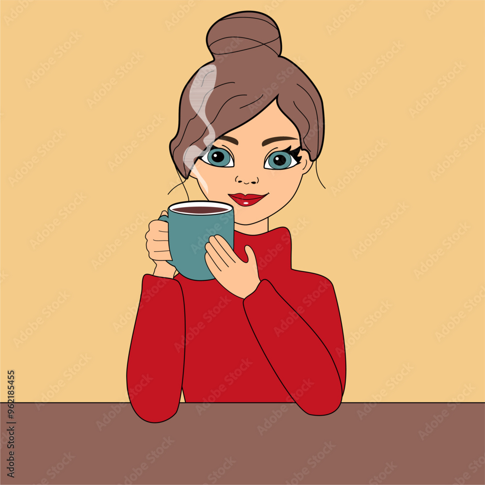 Nice beautiful girl with a cup of coffee vector illustration art cartoon lovely person Nice beautiful girl with a cup of coffee vector illustration art cartoon lovely person