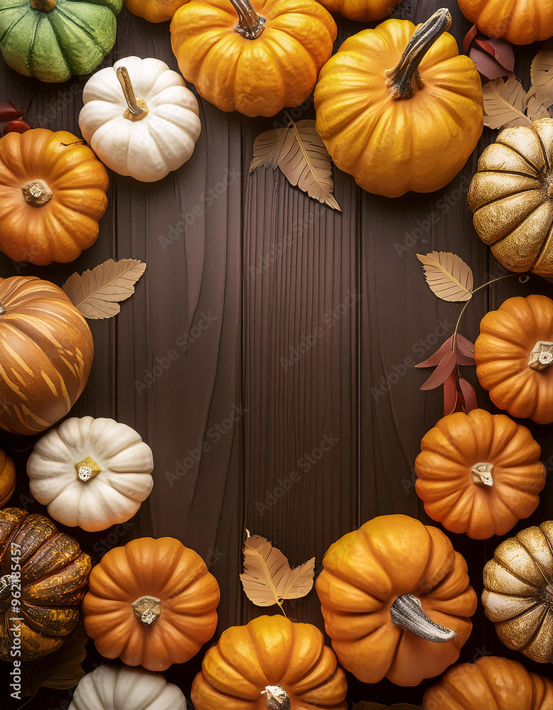 Vibrant pumpkins and autumn leaves on a wooden backdrop. Generative AI.