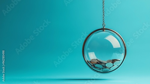 A suspended glass orb containing coins, against a vibrant turquoise background, symbolizing saving and financial growth. photo