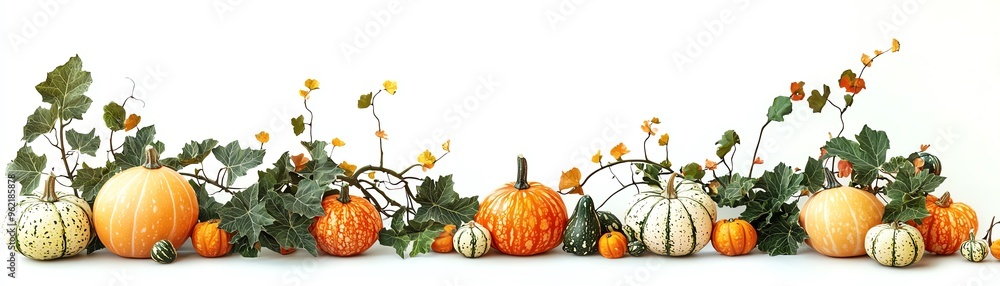 Obraz premium A vibrant display of assorted pumpkins and gourds, perfect for autumn decoration and festive seasonal themes.