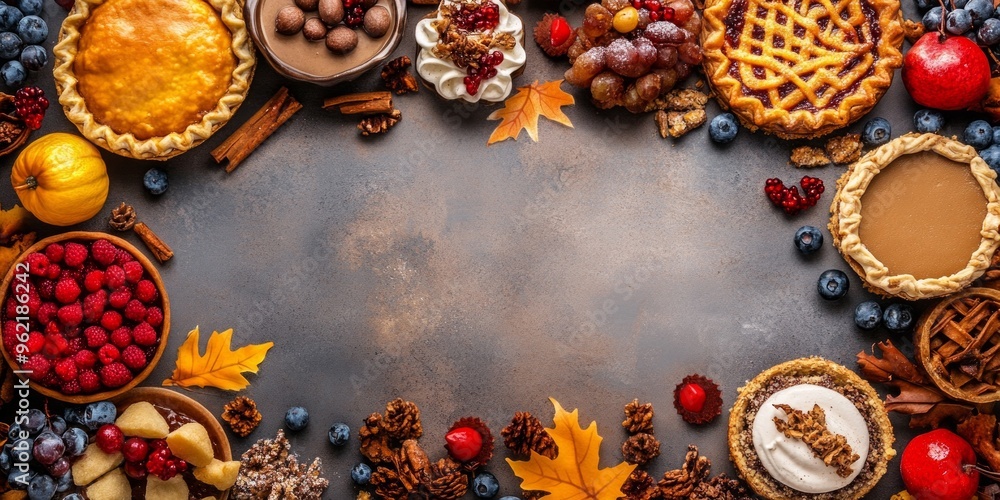A festive spread of Thanksgiving desserts arranged with floral flavors and abundant seasonal decorations A festive spread of Thanksgiving desserts arranged with floral flavors and abundant seasonal decorations