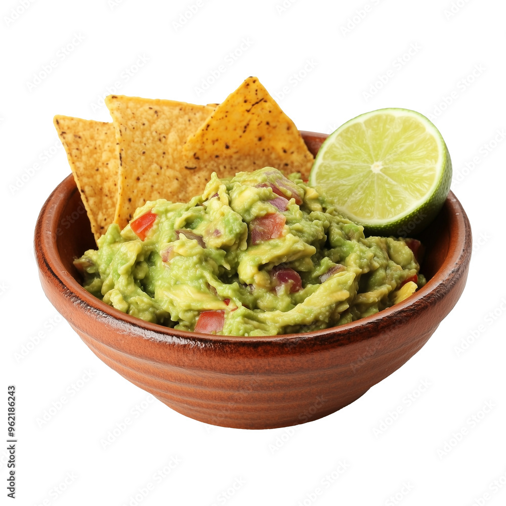 Traditional Mexican Guacamole with Tortilla Chips and Lime in a Bowl, Isolated on transparent background. Png file. Traditional Mexican Guacamole with Tortilla Chips and Lime in a Bowl, Isolated on transparent background. Png file.