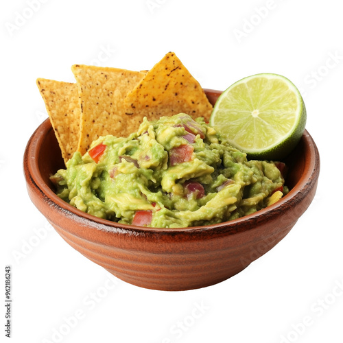 Traditional Mexican Guacamole with Tortilla Chips and Lime in a Bowl, Isolated on transparent background. Png file.