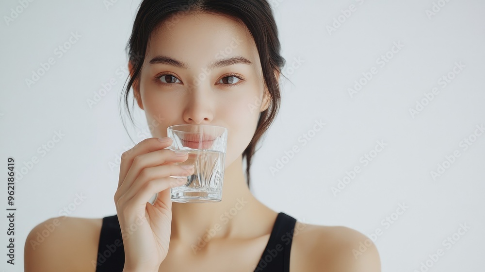 A beautiful Japanese woman is drinking water from the glass. Portrait. close up view A beautiful Japanese woman is drinking water from the glass. Portrait. close up view