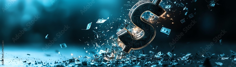 Naklejka premium An abstract representation of money and wealth, featuring a dynamic dollar sign breaking apart in a blue-toned environment.