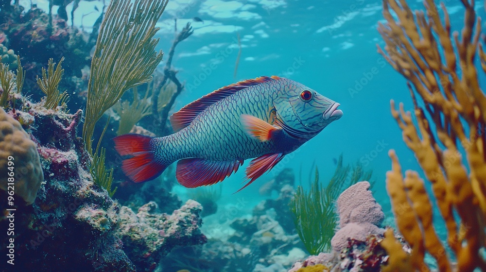 Naklejka premium A fish swims near corals and seaweed on a coral reef's bottom