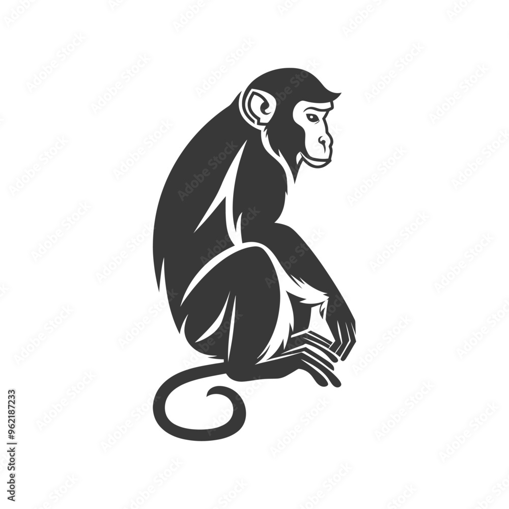 Black and White Stylized Illustration of a Sitting Monkey Black and White Stylized Illustration of a Sitting Monkey