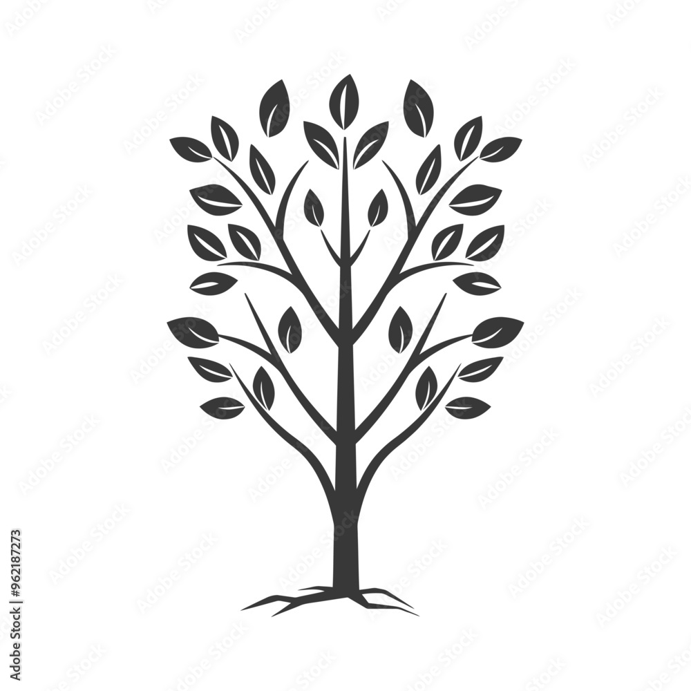 Black and White Stylized Tree with Roots and Leaves Black and White Stylized Tree with Roots and Leaves