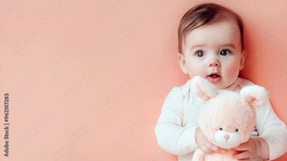 Cute baby holding a fluffy pink bunny toy, sitting against a soft peach background, with a curious and innocent expression