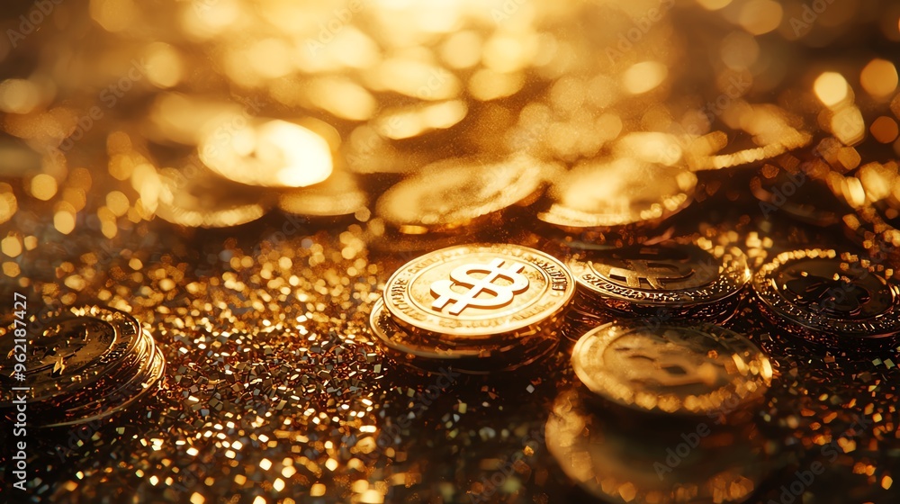 Golden coins scattered on a shimmering surface, reflecting light and creating a warm ambiance of wealth and luxury. Golden coins scattered on a shimmering surface, reflecting light and creating a warm ambiance of wealth and luxury.