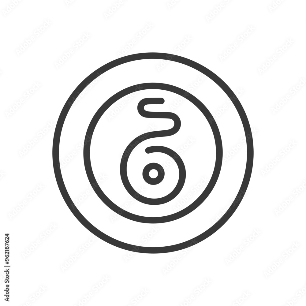Black Line Art Icon of a Circle with Concentric Circles Inside and a Snake Like Symbol Black Line Art Icon of a Circle with Concentric Circles Inside and a Snake Like Symbol