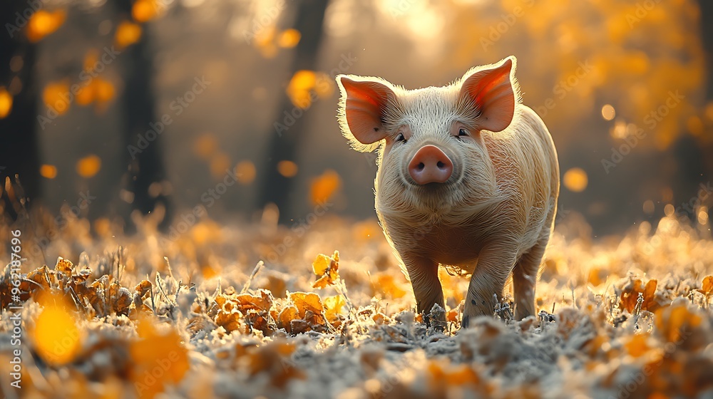 A cute piglet stands in a field of fallen leaves, looking directly at the camera with a smile. A cute piglet stands in a field of fallen leaves, looking directly at the camera with a smile.