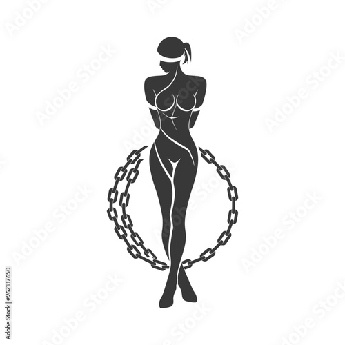 Blindfolded Woman Bound by Chain Circle