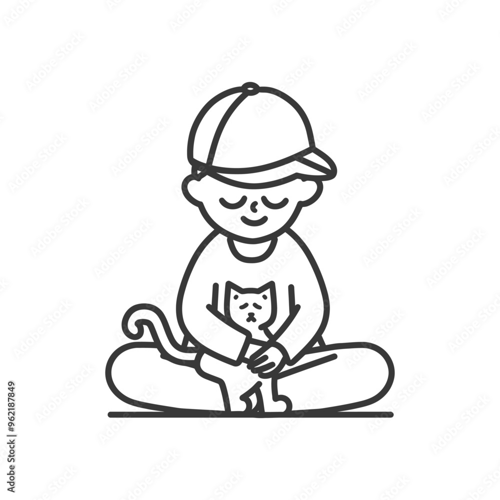 Fototapeta premium Boy in a cap holding a cat on his lap