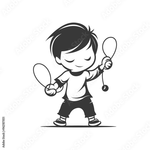 Boy Playing With Two Yo Yos Black and White Illustration photo