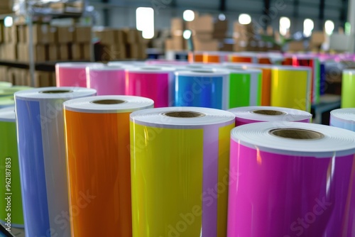 Colorful labels on rolls for thermal printer Different options for printing ads