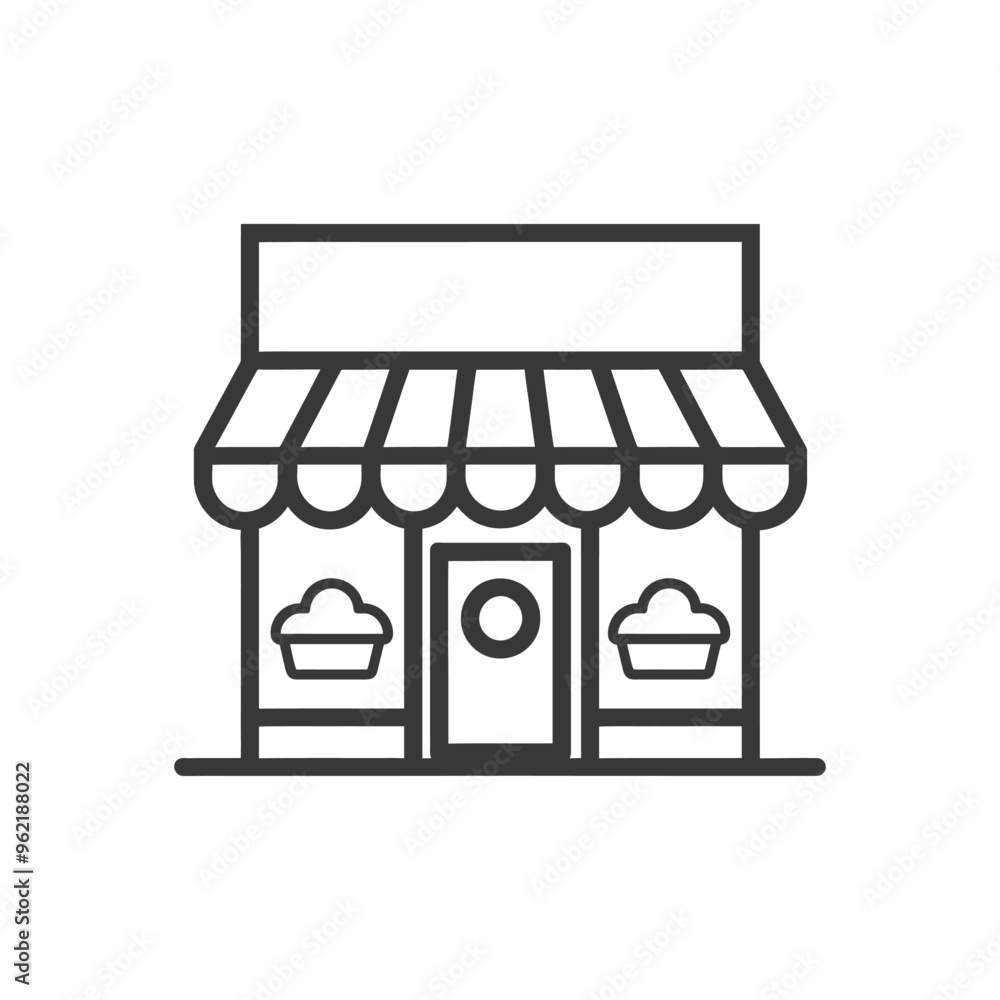 Line Art Illustration of a Small Shop with Striped Awning Line Art Illustration of a Small Shop with Striped Awning