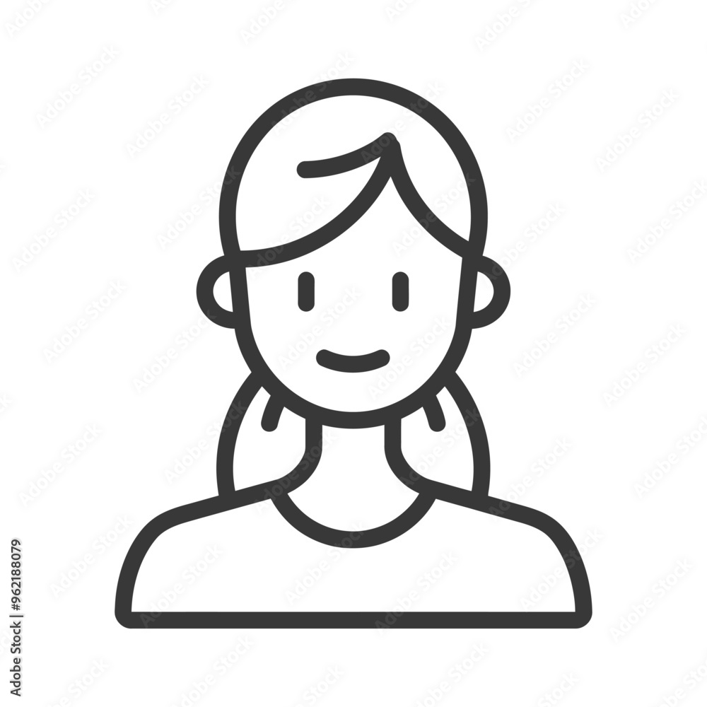 Line art illustration of a smiling female character with her hair tied back Line art illustration of a smiling female character with her hair tied back