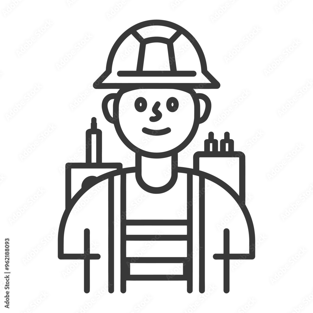Line Art Illustration of a Smiling Firefighter with a Helmet and Equipment Line Art Illustration of a Smiling Firefighter with a Helmet and Equipment