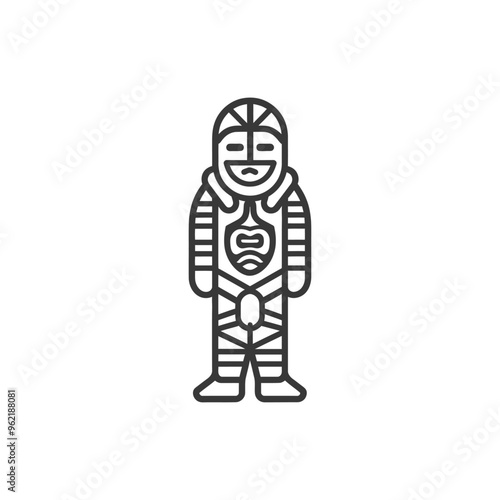 Line art illustration of a smiling humanoid figure wearing a patterned suit