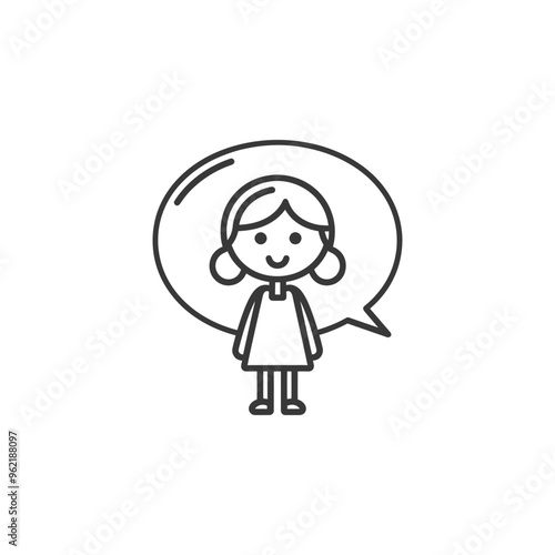 Line Art Illustration of a Smiling Girl with a Speech Bubble