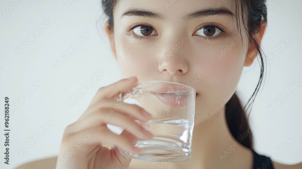 A beautiful Japanese woman is drinking water from the glass. Portrait. close up view A beautiful Japanese woman is drinking water from the glass. Portrait. close up view