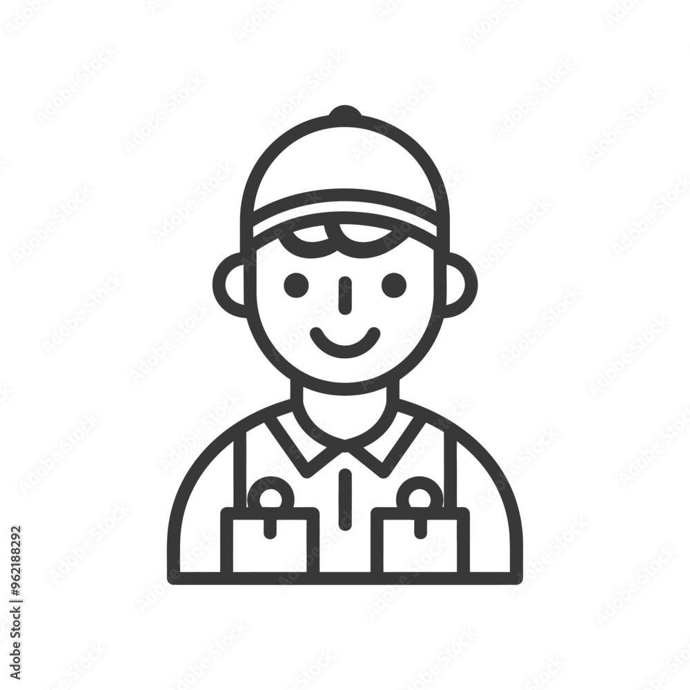 Line art illustration of a smiling worker wearing a hat and overalls Line art illustration of a smiling worker wearing a hat and overalls