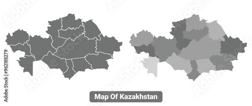 Greyscale Kazakhstan political map with borders outline style vector illustration set