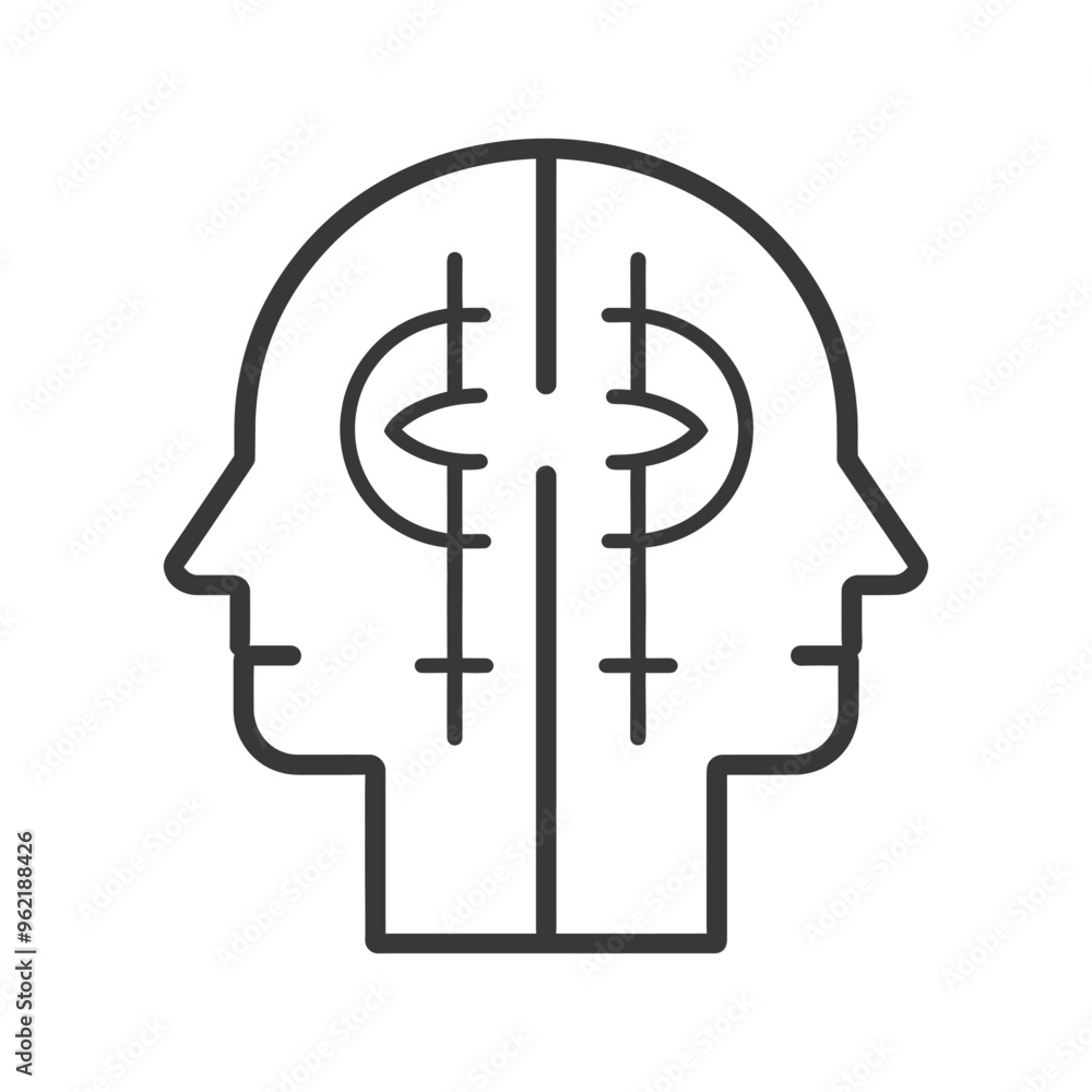 Line Art Illustration of a Split Head with Dollar Symbols Line Art Illustration of a Split Head with Dollar Symbols