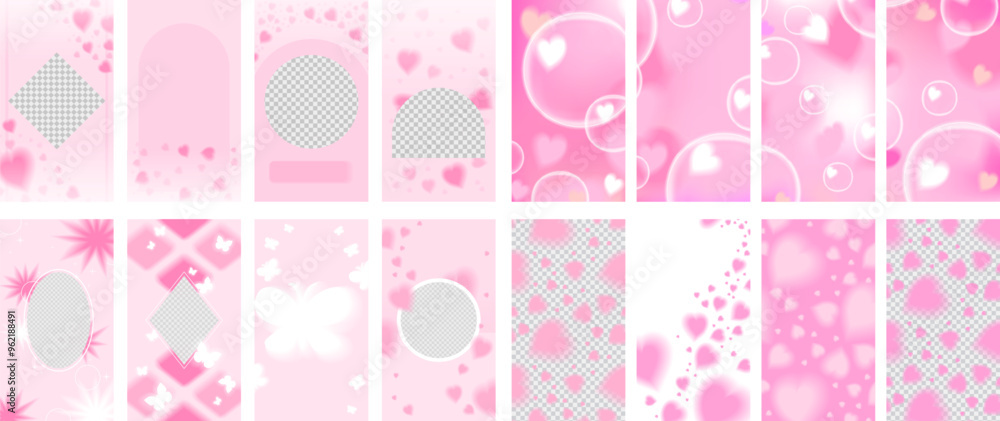 Subtle Pink stories set. Hearts trail on transparent background, aura blurred bubbles. Stock vector illustration isolated on white background. Subtle Pink stories set. Hearts trail on transparent background, aura blurred bubbles. Stock vector illustration isolated on white background.