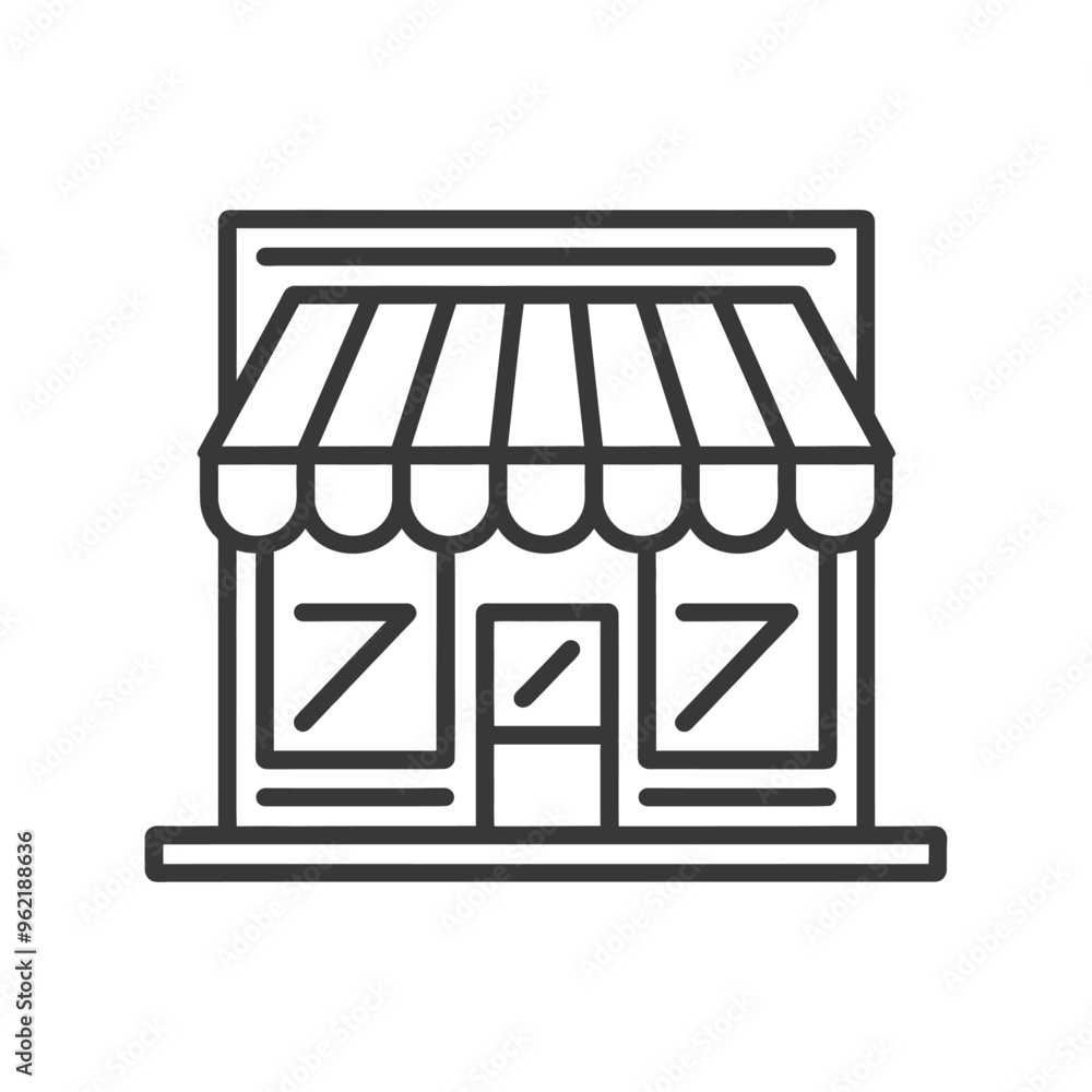 Line art illustration of a storefront with a striped awning Line art illustration of a storefront with a striped awning