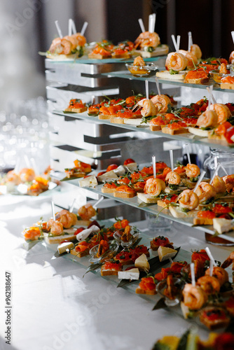 catering banquet table, Assortment buffet, Catering set, various appetizers, Different canapes, meat specialities, Festive banquet table, delicious food, food snacks, catering wedding buffet,