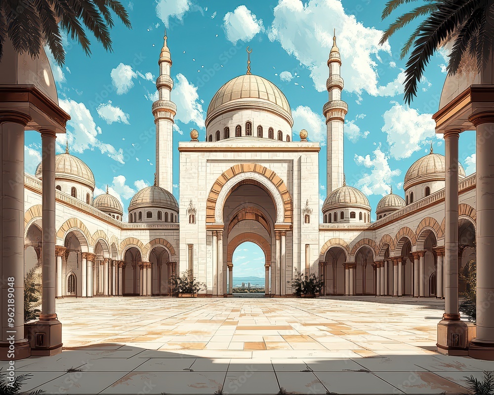 Fototapeta premium Majestic mosque courtyard with beautiful architecture, detailed domes, and palm trees under a bright blue sky.